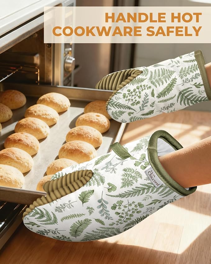 100% Thick Cotton Oven Mitts Ribbed Soft Silicone Natural Leaf | Aesthetic Oven Mitts for Women, Machine Washable Non-Slip Kitchen Mitts, Reversible for Both Hands, Stylish Kitchen Decor