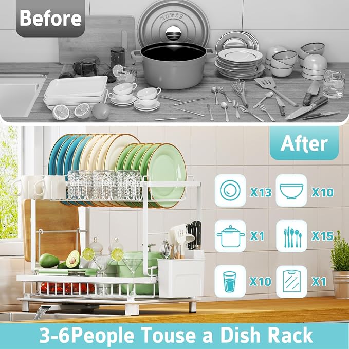 2-Tier Dish Drying Rack for Kitchen Counter, Space-Saving, White | Rustproof Carbon Steel, Auto Drain Spout, Space-Saving Dish Rack with Drainboard, Utensil & Cup Holders, Countertop Organizer