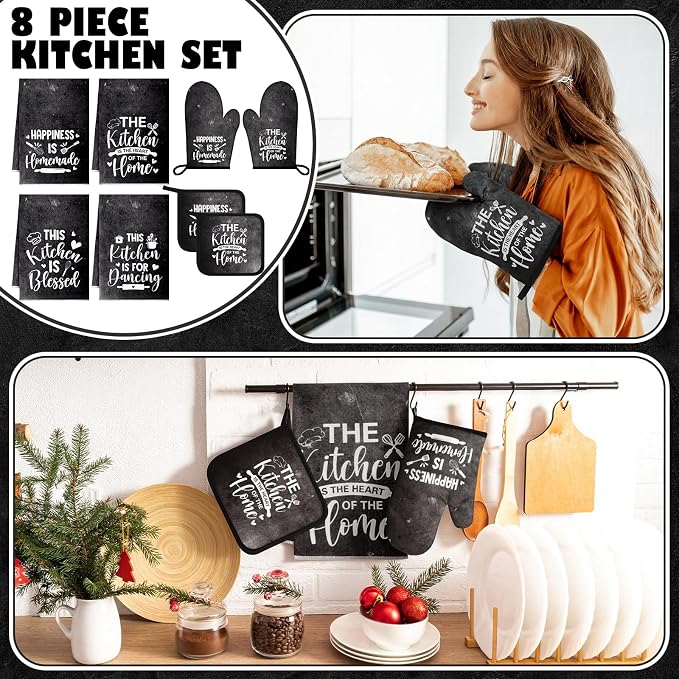 Leinuosen 8 Pcs Kitchen Towels and Oven Mitts Sets Pot Holders Dishcloths Set Kitchen Decorative Accessories Absorbent Potholders Heat Resistant for Chef Baking Cooking