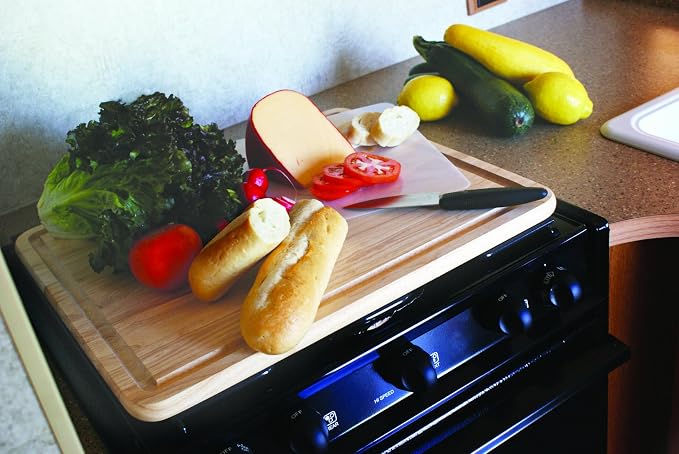 Camco - Hardwood Cutting Board and Stove Topper with Non-Skid Backing, Includes Flexible Cutting Mat (43753) | Includes flexible cutting mat to protect wood finish, will not dull knives, eliminates rattles, 17 x 19-1/2 x 3/4 in