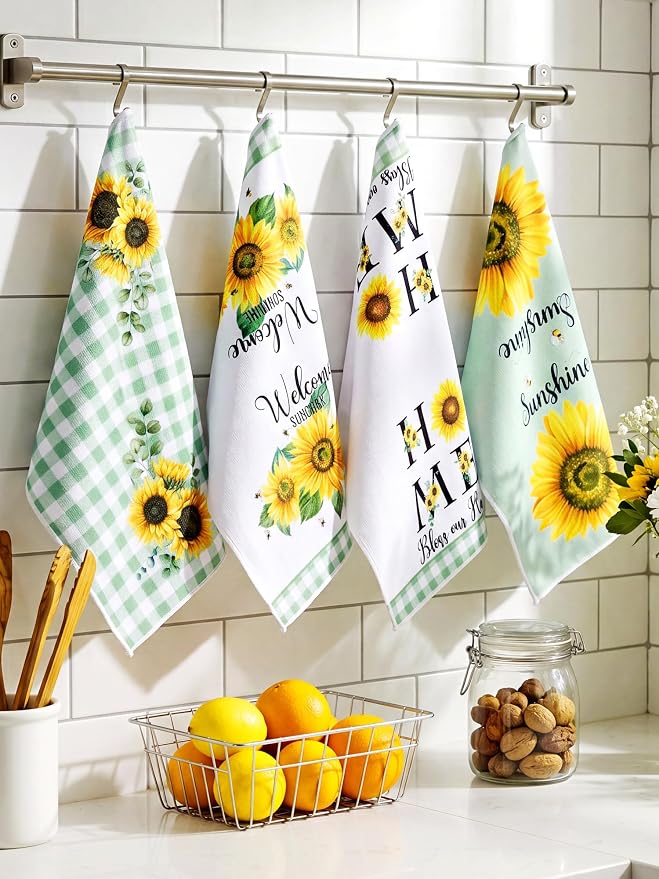 4 Pcs Sunflower Kitchen Towels Sage Green Hand Dish Towels Gifts | Absorbent Sunshine Grid Fast Drying Tea Clothes Floral Decor Housewarming Gift for Cooking Bathroom Kitchen Decor