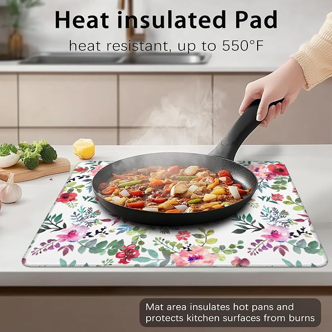 Watercolor Floral Stove Top Cover for Electric Stove,Extra Thick Natural Rubber Glass Top Protector,Prevents Scratching, Expands Usable Space 28x20