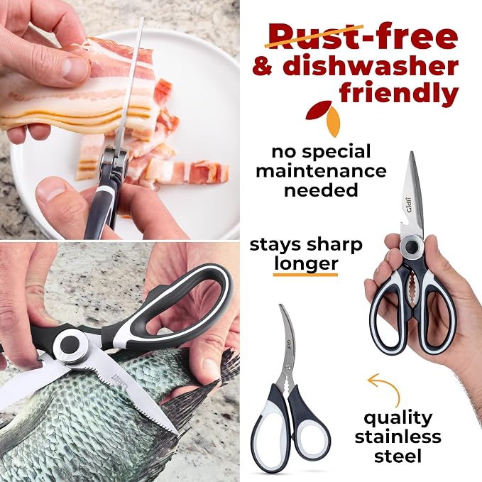 Gidli Kitchen Shears & Seafood Scissors Set - Lifetime Replace. Warranty* | Gidli Heavy Duty Utility Stainless Steel All Purpose Ultra Sharp Scissors for Meat, Poultry, Food & Cooking - Dishwasher Safe