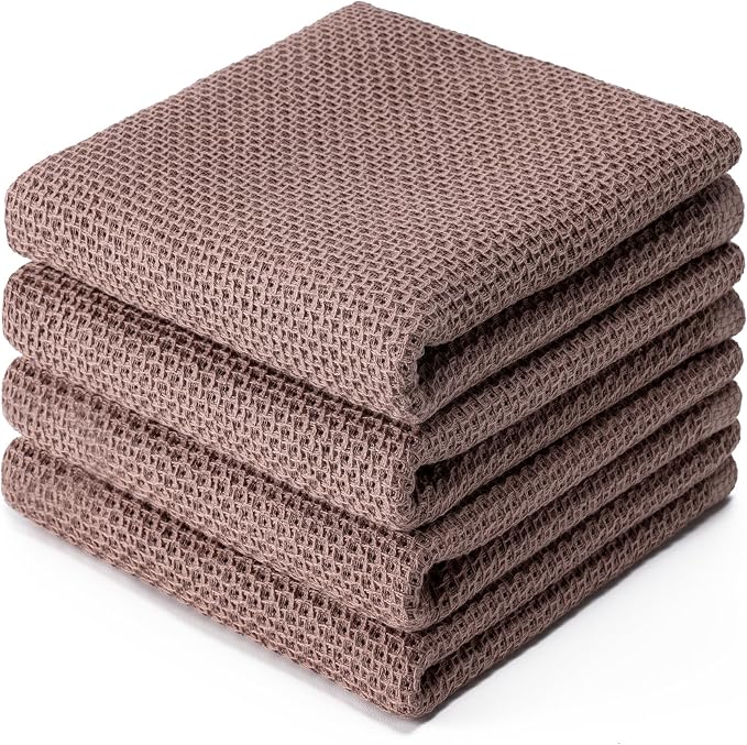BOOMIBOO 4-Pack Dish Towels,100% Cotton Waffle Weave,13x28 in,Brown | Ultra Soft Absorbent, Quick Drying