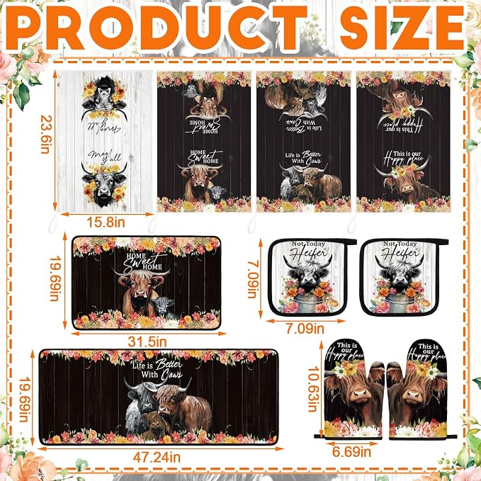 Fourluoo 10 Pcs Highland Cow Flowers Kitchen Decor Set Kitchen Towels and Rugs Oven Mitts and Pot Holders Farmhouse Rustic Decor Set for Cooking Baking Grilling Women Mom Gift