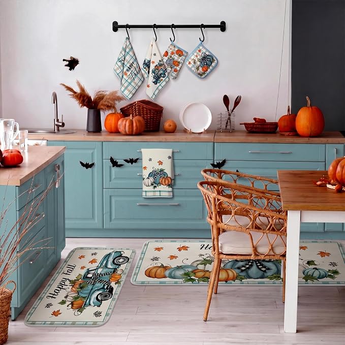 Fanfanwin 10 Pcs Fall Pumpkin Kitchen Decor Set Kitchen Towels Pot Holders Oven Mitts and Rugs Set Thanksgiving Towels for Baking Cooking BBQ Autumn Home(Light Blue,Classic Pumpkins)
