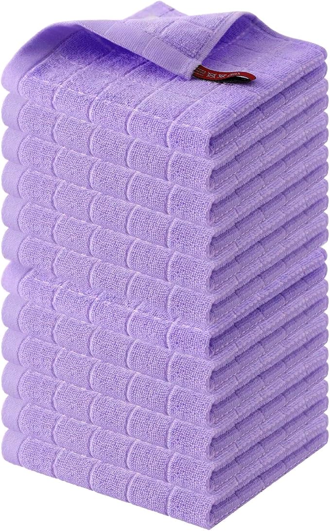 Homaxy 100% Cotton Terry Kitchen Dish Cloths, 12 Pack, Lavender | Ultra Soft and Absorbent, Suitable for Drying and Washing Dishes