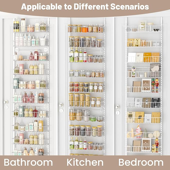 ElegantArray 10-Tier Pantry Door Organizer, White | Over The Door Pantry Organizer Rack and Storage, Hanging Spice Rack Shelves Door, Home Office Laundry Room Bathroom & Kitchen