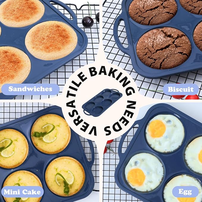 4 Inch Jumbo Silicone Muffin Top Pan with Frame Non Stick Egg Mold Baking | Silicone Egg Mold for Oven, Large Whoopie Pie Baking Pan with Handle for English Breakfast Sandwich Egg Bite Bun Tart Vnray