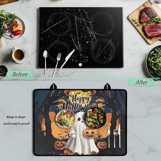 Happy Halloween Stove Top Dust Cover, Anti Scalding Flat Range Stove Top Protector, Elastic Dish Drying Mats for Kitchen, Induction Cooktop Cover with Two Hook 30 x 21 Inch