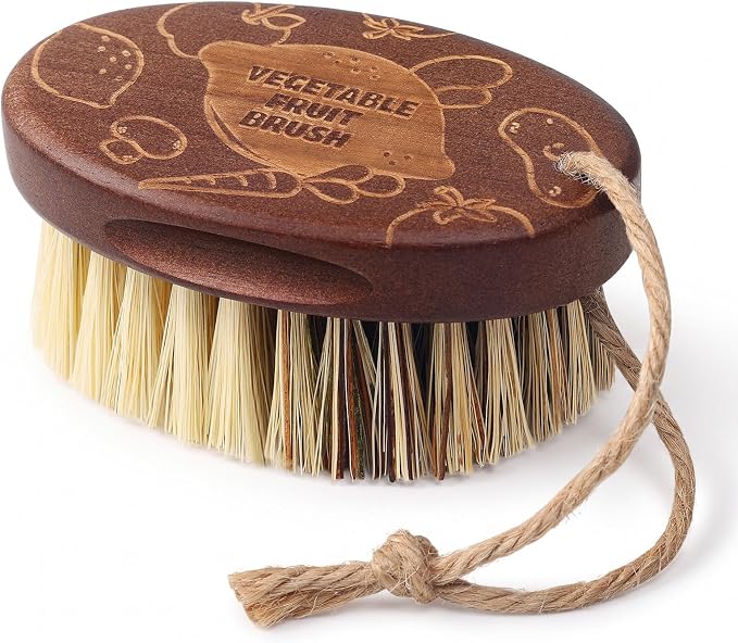 Vegetable and Fruit Cleaning Brush Scrubber Beechwood Handle Fruits Veggie Wash Brushes Potato Carrot Cucumber Mushrooms Washing Cleaner(Beige Brown, 1)