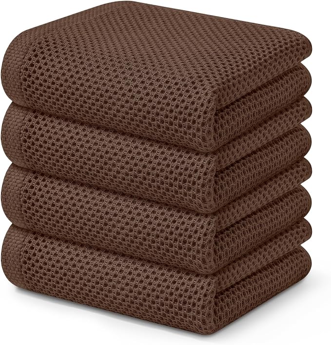 Kitinjoy 100% Cotton Waffle 4-Pack Kitchen Towels, 13" x 28", Coffee | Super Soft, Ultra-Absorbent, Fast Drying, lightweight, Quick Drying Kitchen Hand Towels