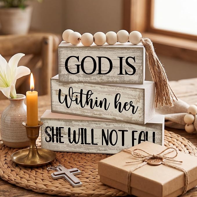 Lineshading 4 Pcs Wooden Blocks God Is Within Her Farmhouse Decor | Stacked Block Signs with Beads Tassel, Whitewash Finish, Tiered Tray Decor, Faith Gift for Women, She Will Not Fall