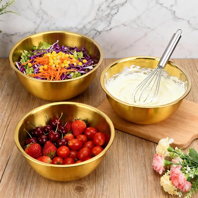 3-Set Stainless Steel Golden Mixing Bowls Set (8.26"+7.1"+6.3"), Metal Bowl with Measurement Marks, Dishwasher Safe & Stackable - Perfect for Baking, Salad Making, Meal Prep and Kitchen Use
