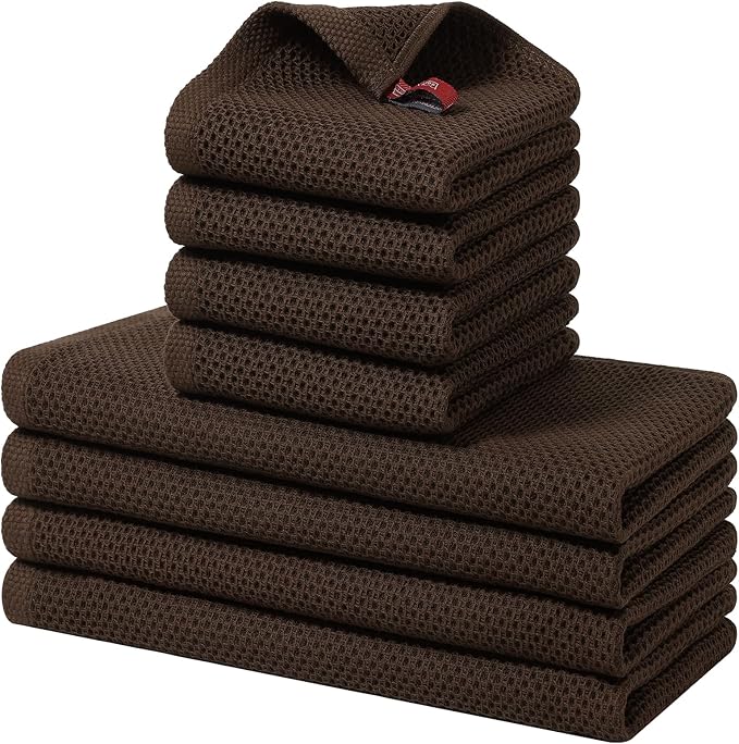 Homaxy 8 Pack 100% Cotton Kitchen Towels and Dishcloths Set, Dark Brown | 12 x 12 Inches and 13 x 28 Inches Kitchen Towels Set, Ultra Soft Absorbent Dish Cloths for Washing Dishes