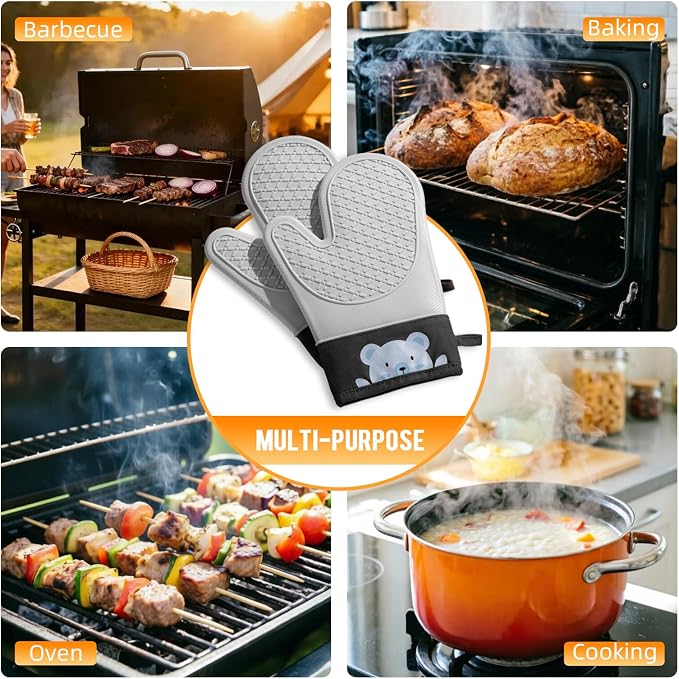 Silicone Oven Mitts Heat Resistant 500F, 2PCS Cute Bear Pattern Kitchen Oven Gloves with Cotton Lining, BPA-Free Baking Gloves - Flexible Non-Slip Grip Kitchen Mitts for Cooking Baking BBQ