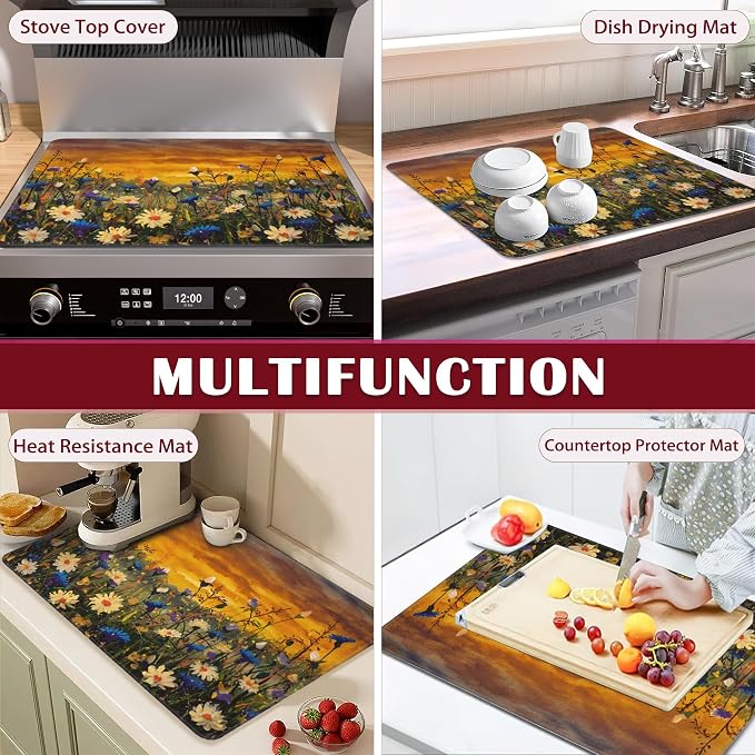 Electric Stove Top Cover Protector,Watercolor Daisies Flowers Glass Flat Top Stove Mat,Heat-Resistant Oven Induction Cooktop Mat for Ceramic Countertop Mats Dish Drying Mat