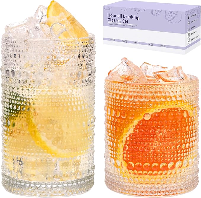 Moretoes 2pcs Hobnail Drinking Glasses,Vintage Glass Cups Set | 12 Oz Highball Glasses & 10 Oz Cocktail Glasses, Clear Embossed Tumbler Glassware Set for Whiskey, Beer, Juice, Milk