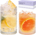 Moretoes 2pcs Hobnail Drinking Glasses,Vintage Glass Cups Set | 12 Oz Highball Glasses & 10 Oz Cocktail Glasses, Clear Embossed Tumbler Glassware Set for Whiskey, Beer, Juice, Milk
