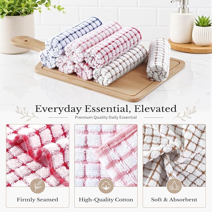 Homaxy 12 Pack Terry Kitchen Dish Cloths, 12"x12", Blue/Pink/Red/Brown | Super Soft and Absorbent Dish Rags, Quick Drying Reusable Dish Towels for Washing Dishes