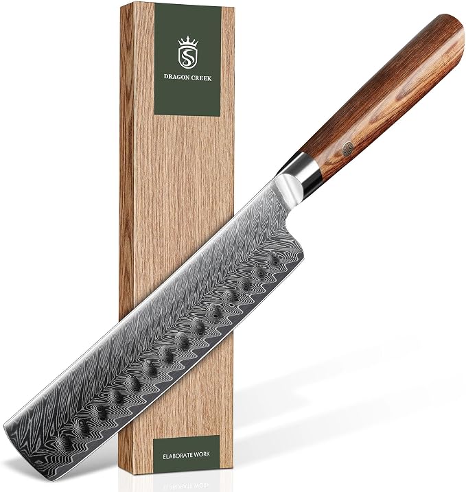 Dragon Creek Damascus Nakiri Knife - Meat Vegetable Cutting | Japanese Nakiri Knife for Birthday Thanksgiving Gift for Mom or Dad