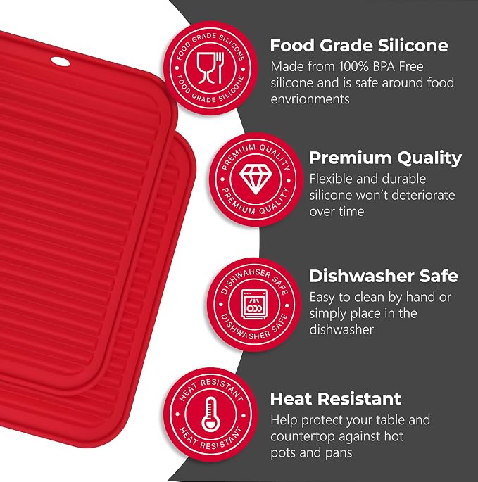 Silicone Trivets for Hot Dishes, Pots, Pans (2 Pack) - Heat-Resistant Pot Holders for Kitchen Countertop Mats - Silicone Trivet Mat (9 x 12 Inch) - Multipurpose Counter Pads (Red)