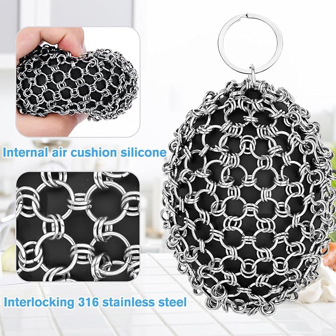 Cast Iron Scrubber Chainmail Set – 316 Stainless Steel Dish Scrub Brush for Cast Iron Skillet Pan Cleaner, Dutch Oven, Wok & Non-Stick Cookware | Dishwasher Safe – Black Double Ring