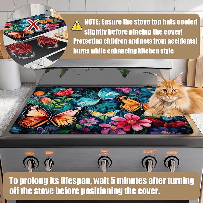Watercolor Butterfly Floral Stove Top Covers for Electric Stove, Electric Gas Stove Pad Heat Resistant Range Cooktop Protector for Home Decor Kitchen 28"x20"