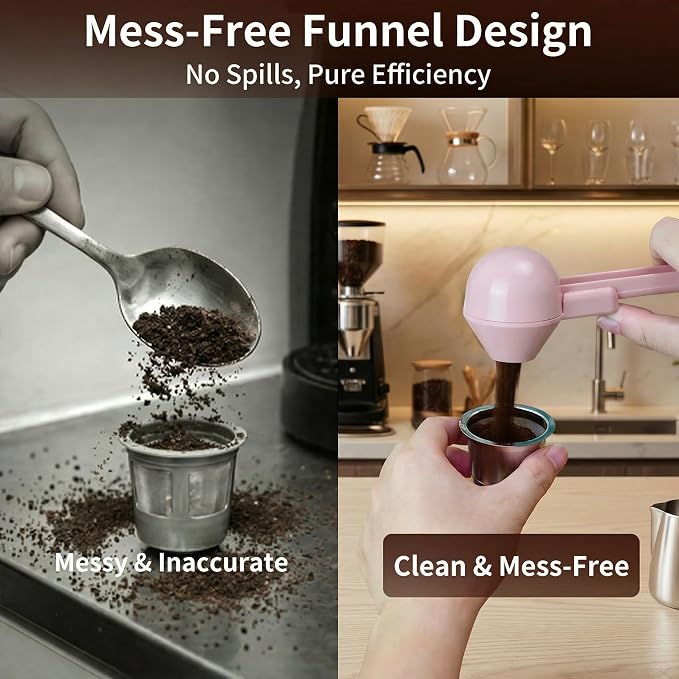 2 Pcs Coffee Scoop with Funnel for Reusable K Cup, 2 TBSP Measuring Spoon | Mess-Free Funnel Design, Sliding Leveler for Precise 2 TBSP, Long Handle for Ground Coffee, Protein Powder & Tea