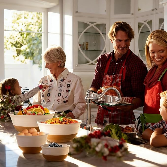 HASENSE Ceramic Serving Bowls Set of 4, 2.1/1.5/1.0/0.5 Qt White & Terracotta Stoneware Mixing Bowls, Farmhouse Bowls for Cooking, Prepping, Salad & Soup, Dishwasher & Microwave Safe, Serving Dishes