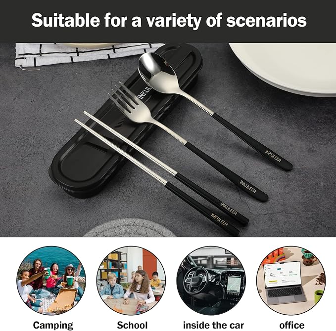 iNKULEER Travel cutlery set, 18/8 stainless steel cutlery, Reusable utensils set with case, Portable Silverware Lunch Box for Camping and Office (Black)