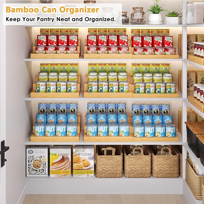 2-Pack Expandable Bamboo Can Organizer for Pantry Display, Holds 48 Cans | 3-Tier Adjustable Can Storage Holder, Soda & Canned Food Organizer Rack for Cabinets & Countertops (Patent Pending)