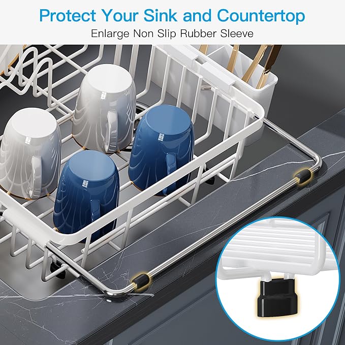 JASIWAY White Dish Drying Rack Over the Sink with Utensil Holder | Expandable Stainless Steel Dish Driainers for Small Kitchen, Counter Space Saving, Fast Drain, Rust Resistant, For Apartment