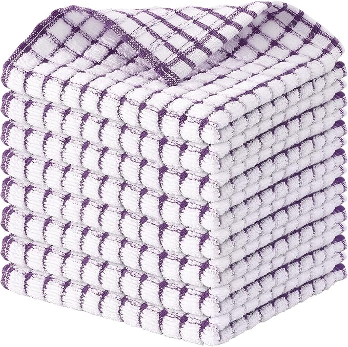 Kitinjoy Cotton 8 Pack Terry Kitchen Dish Cloths, Purple | 12 x 12 Inches Super Soft and Absorbent Dish Rags, Quick Drying Dish towels for Washing Dishes