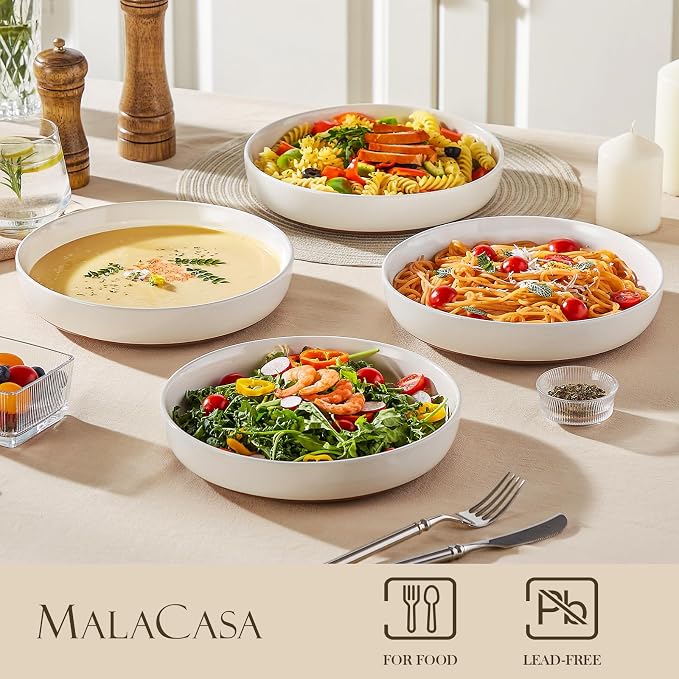 MALACASA 48 Oz Pasta Bowls Set of 4, Ceramic Soup Bowls, TARA Khaki White | Microwave and Dishwasher Safe, Chip-Resistant, For Salad, Soup, Fruit, and Dessert, 9 Inch Wide, Stackable, Modern Design