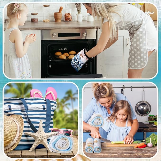Mindsoft 6 Pcs Summer Beach Kitchen Towels Pot Holders Oven Mitts Set Island Decorations for Kitchen Include Coastal Dish Towel Beachy Rustic Oven Gloves Pot Holders for Christmas House Gifts
