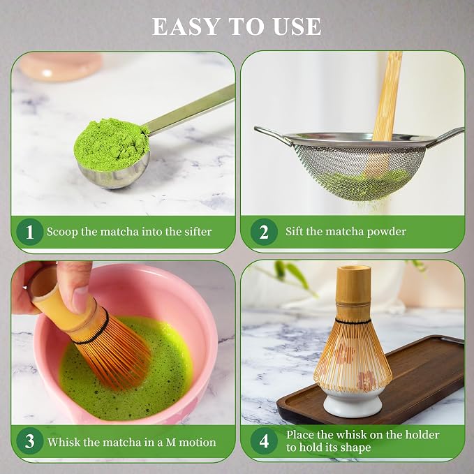 YIBO Matcha Whisk Set, Matcha Making Kit Bamboo Whisk (Chasen), White Ceramic Whisk Holder Stand, Sifter, Scoop Japanese Tea Tools For Ceremony Gift