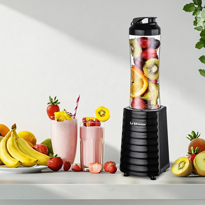 La Reveuse Personal Size Blender for Protein Shakes and Smoothies, Black | 18oz BPA-free Portable Bottle with Spout Lid, Push to Blend, Suitable for Home, Apartment, Office, Dorm, 300 Watts, LARB1801B