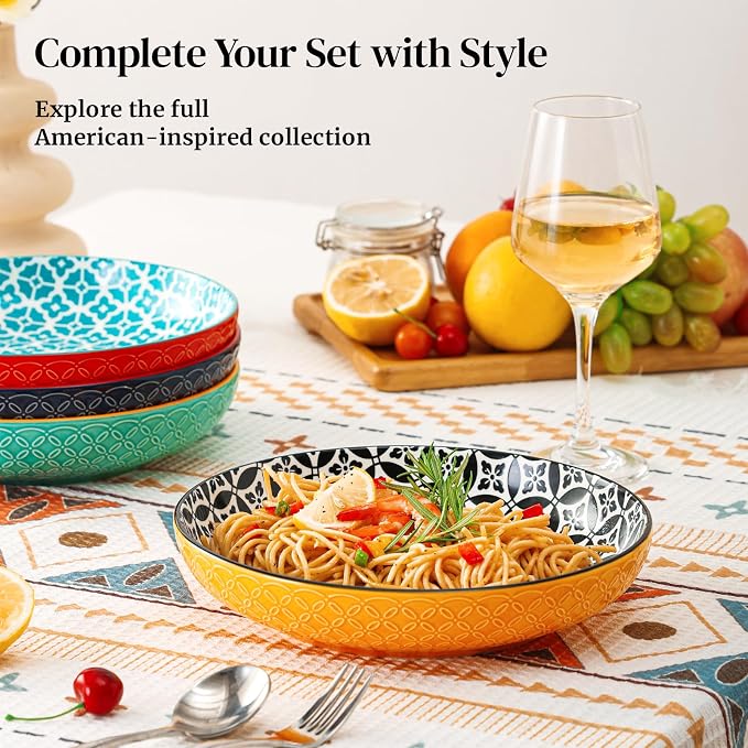 DOWAN 10" Vibrant Pasta, Salad & Soup Serving Bowls Set of 4, Embossed Large Porcelain Ceramic, Microwave & Dishwasher Safe, Bonita Design Dinnerware Dishes for Daily Dining, Family Gatherings, Party