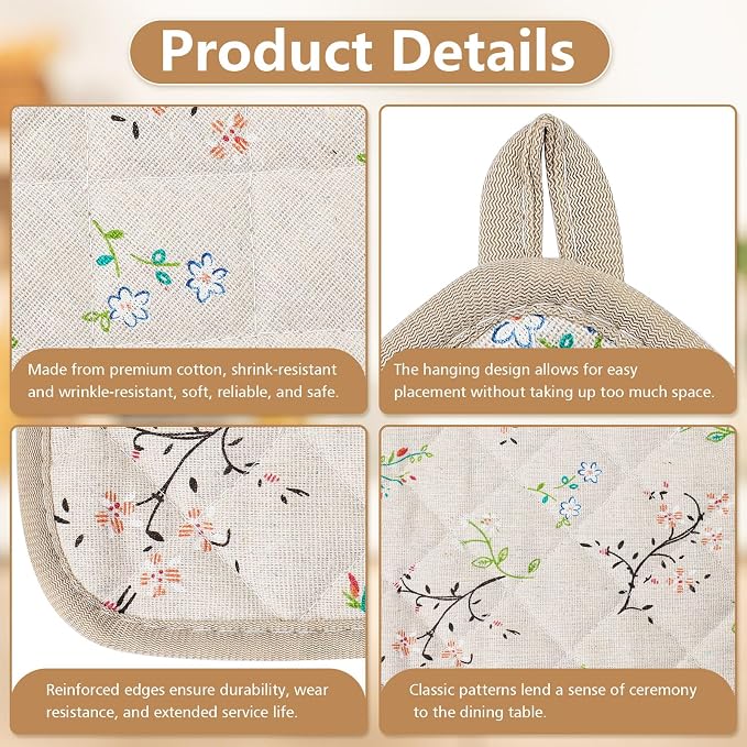6-Pack Pot Holders for Kitchen, 7.1in/18cm Heat-Resistant Hot Pads with Floral Design, Reusable Kitchen Mats, Pot Rack Set Suitable for Baking (Khaki Floral Print)