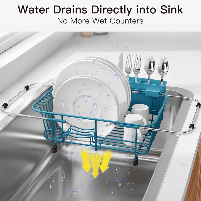 JASIWAY Blue Dish Drying Rack in Sink with Utensil Holder, RV, Apartment | Over Sink Expandable Stainless Steel Dish Drainers for Compact Kitchen, Space Saving, Fast Drain, Rustproof, For 1-2 people