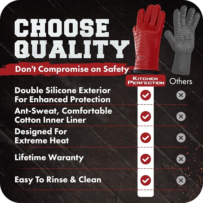 KITCHEN PERFECTION XL Silicone Smoker BBQ Gloves -Heat Resistant Oven Mitts | Waterproof, 5-Finger Design For A Better Grip, for Pitmasters, Meat Smoking, Grilling, Cooking, Frying Turkey | Grill Gift