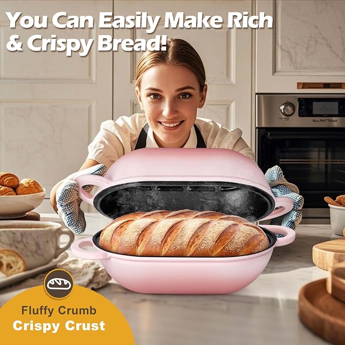 Homikit Enameled Cast Iron Dutch Oven for Bread Baking, 2.8 QT Oval Bread Oven Pot with Lid, 9.5 x 5.7 Inch Sourdough Loaf Baking Pan for Homemade Bread, Heavy Duty & Oven Safe, Pink