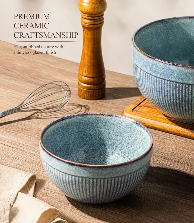 GBhome Ceramic Mixing Bowls Set of 3, Stoneware Nesting Serving Bowls, | 45/90/150 oz For Prep, Baking, Serving, Gift, Microwave and Dishwasher Safe, Ribbed Dishware Collection,Ceylon Blue