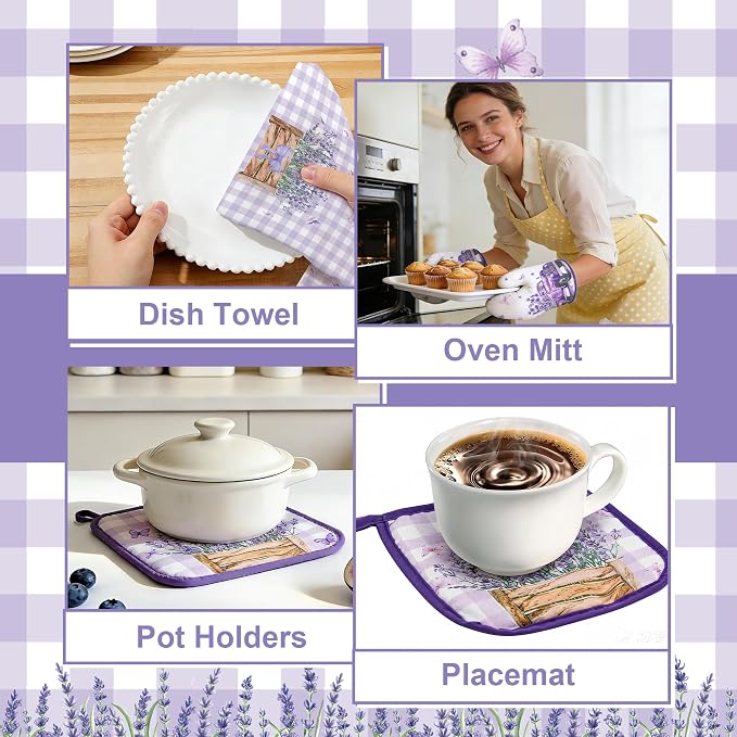 8 Pcs Lavender Spring Kitchen Towels Pot Holders and Oven Mitt Set Purple Kitchen Accessories 4 Dish Towels 2 Absorbent Square Potholders 2 Heat Resistant Glove for Cooking Baking Gift