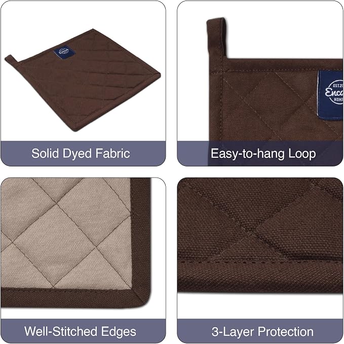 Encasa XO Pot Holders, Quilted Kitchen Hot Pads 8"x8" | Dark Taupe & Beige, 100% Cotton | Heat Resistant | Hanging Loop | Multipurpose Trivets | Machine Washable | Set of 2