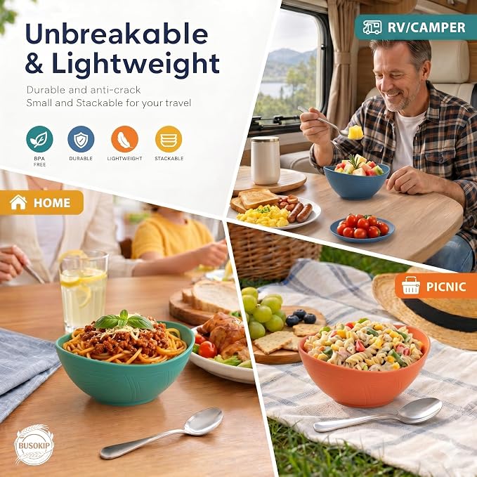 Wheat Straw Bowls 26oz, Unbreakable Ramen Bowl Set of 6, Oval Plastic Bowls for Salad, Pho, Cereal, Microwave & Dishwasher Safe Soup Bowl for Kitchen, Camping, RV, Party - Multi