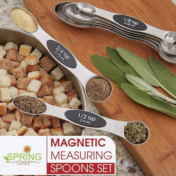 Spring Chef Stainless Steel 8 Magnetic Measuring Spoons Set, 2 Pack, Black | Dual Sided Metal Teaspoon & Tablespoon Measuring Spoons with Leveler for Dry & Liquid Ingredients, Nesting, Dishwasher Safe