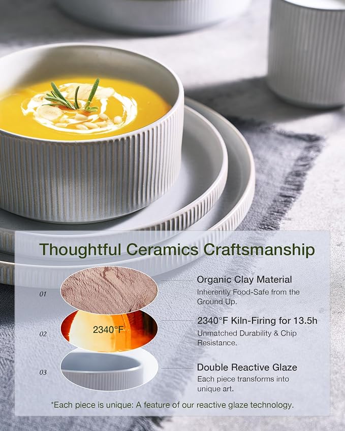 Famiware Star Stoneware Dinnerware Set, Reactive Glaze Plates & Bowls for 4 | 12-Piece Handmade Ribbed Dishes, Chip & Scratch Resistant Ceramic. Microwave & Dishwasher Safe, Rustic Modern, Matte Gray