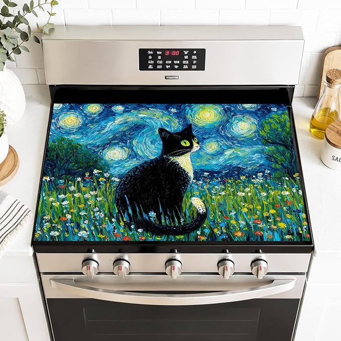 Black Cat Night Sky Stove Top Cover 28.35x20.47 in Non Slip | Heat Resistant Cooktop Protector Mat with Non-Slip Backing, Scratch Protection and Countertop Drying Mat.